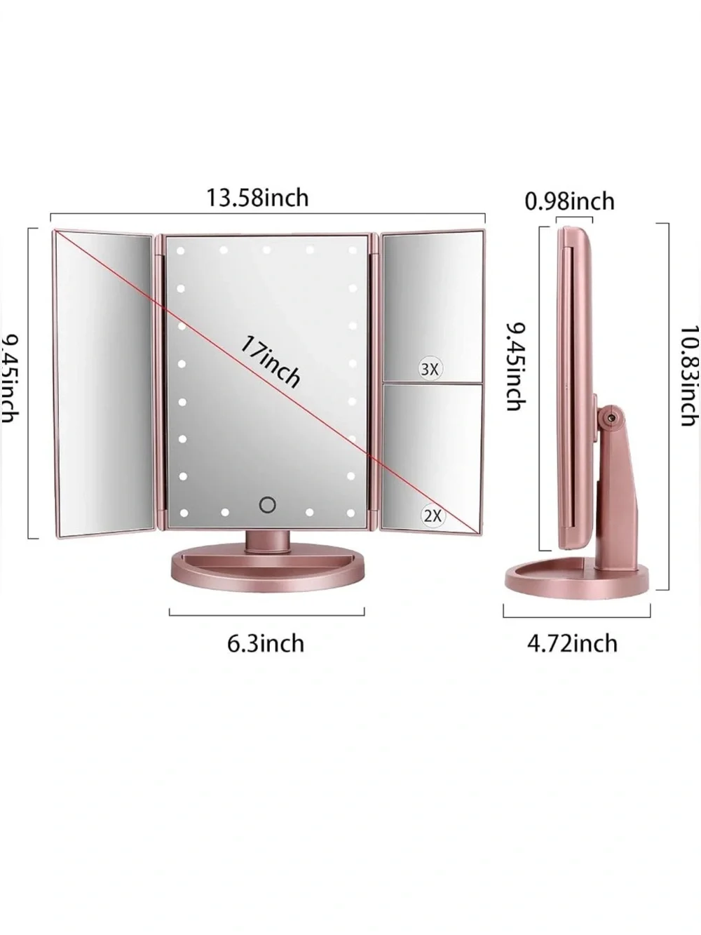 Rose Gold Tri-Fold LED Vanity Mirror with 2x/3x Magnification -
